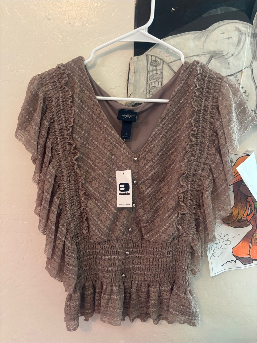 Buckle Taupe Smocked Waist Ruffle Sleeve V-Neck Blouse